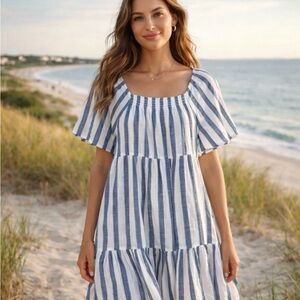 a.n.a White and Blue Striped Tiered Swim Coverup Dress